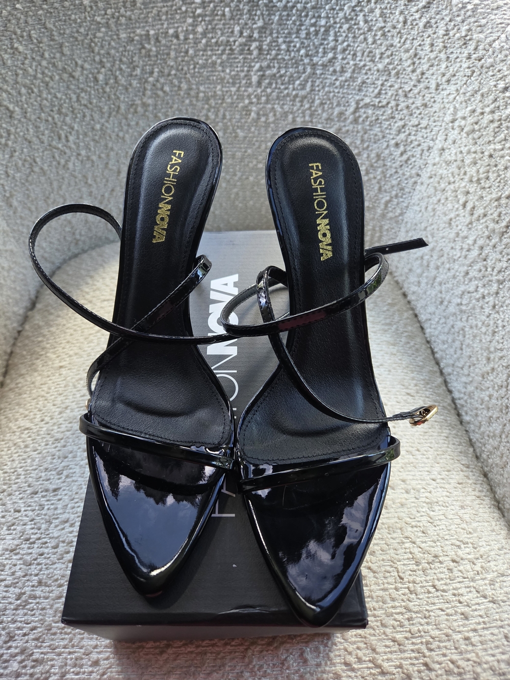 Fashion Nova Black Patent Strappy Pointed-Toe Heels
